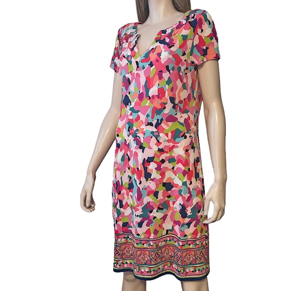 Cappagallo Shift Dress Abstract Print Jersey Knit Colourful Fun V-Neck - Picture 4 of 16